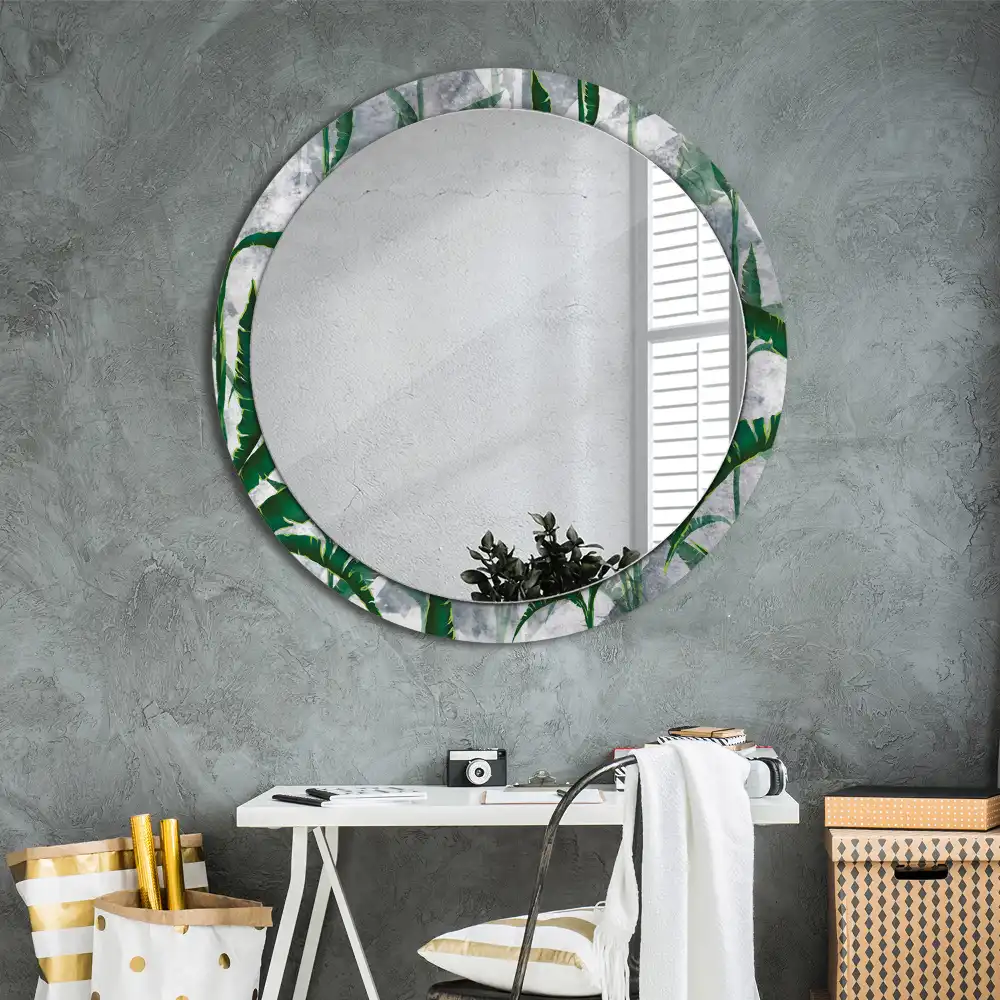 Oglindă rotundă decorativă cu model de frunze tropicale