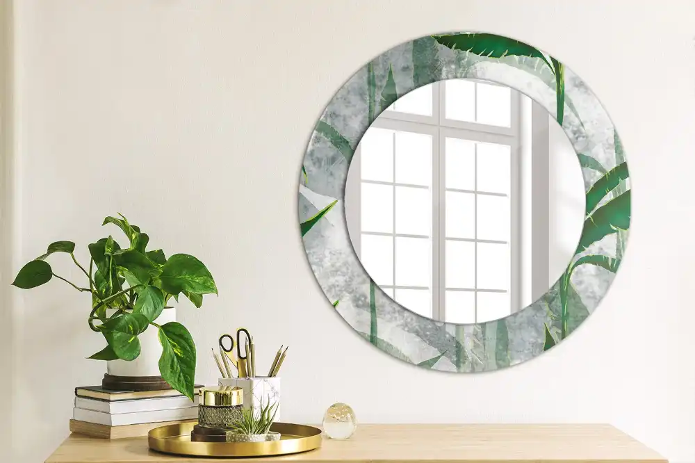 Oglindă rotundă decorativă cu model de frunze tropicale