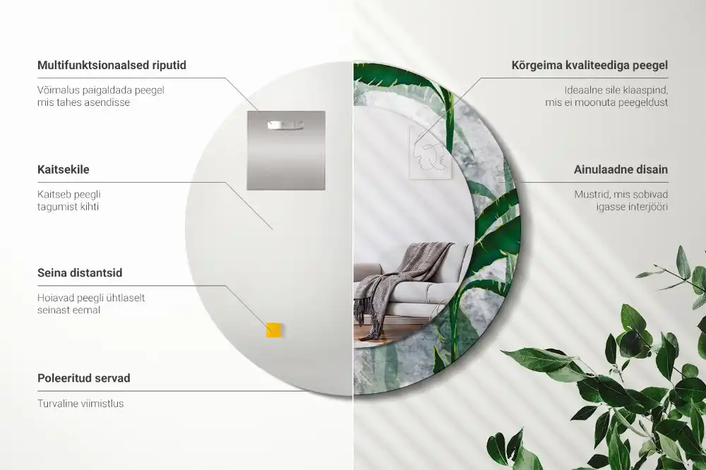 Oglindă rotundă decorativă cu model de frunze tropicale