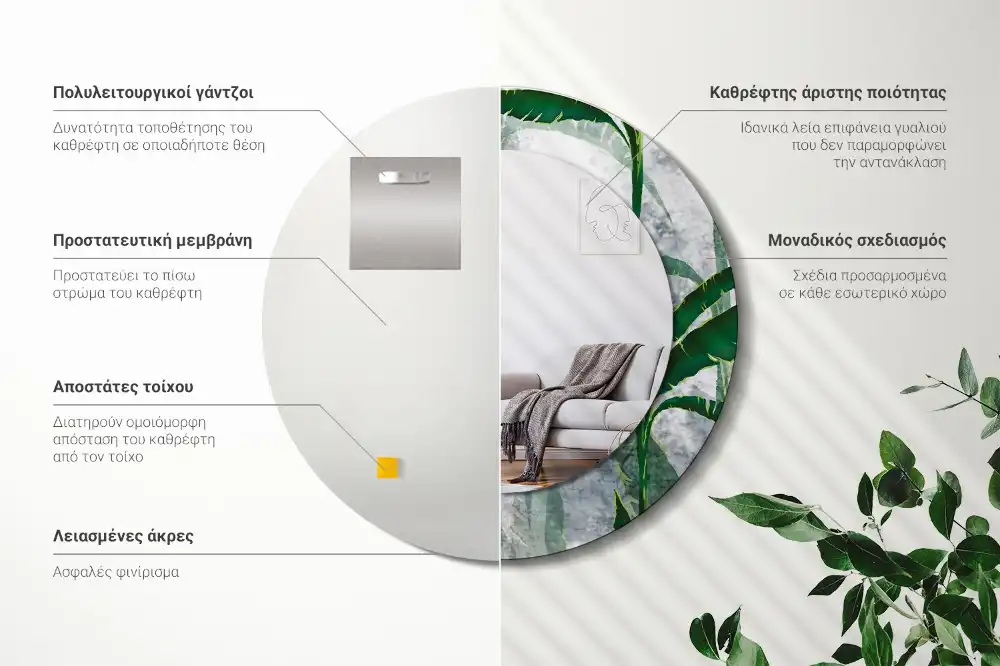 Oglindă rotundă decorativă cu model de frunze tropicale