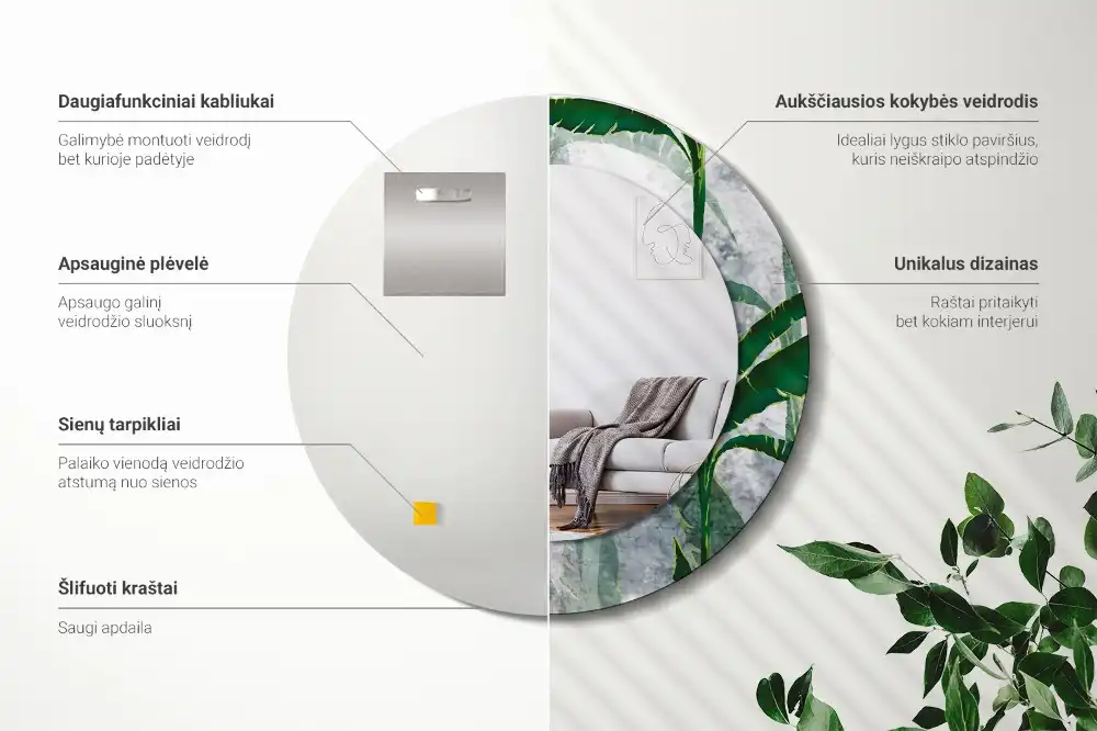 Oglindă rotundă decorativă cu model de frunze tropicale