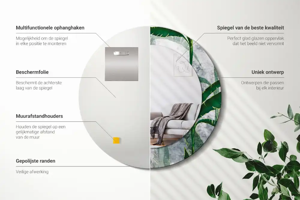 Oglindă rotundă decorativă cu model de frunze tropicale