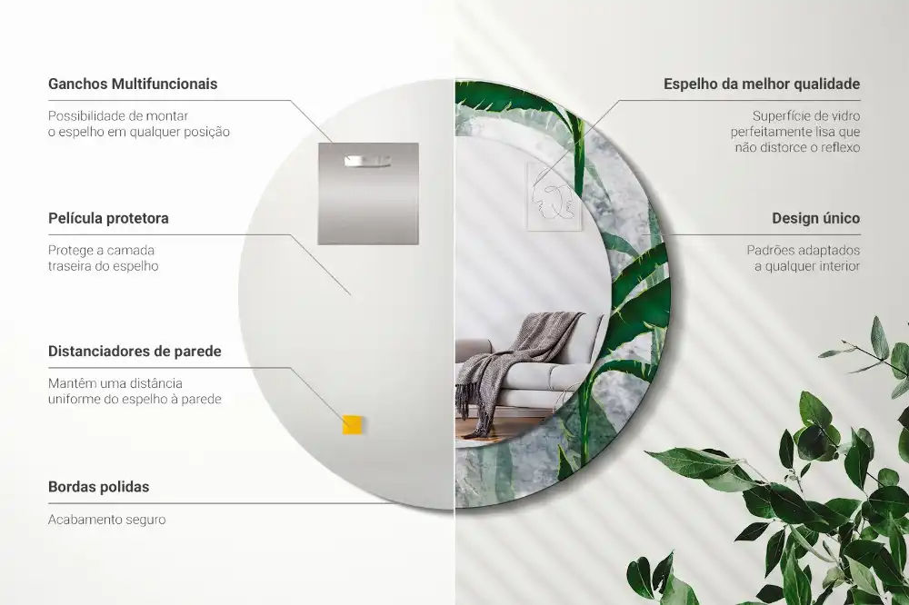 Oglindă rotundă decorativă cu model de frunze tropicale