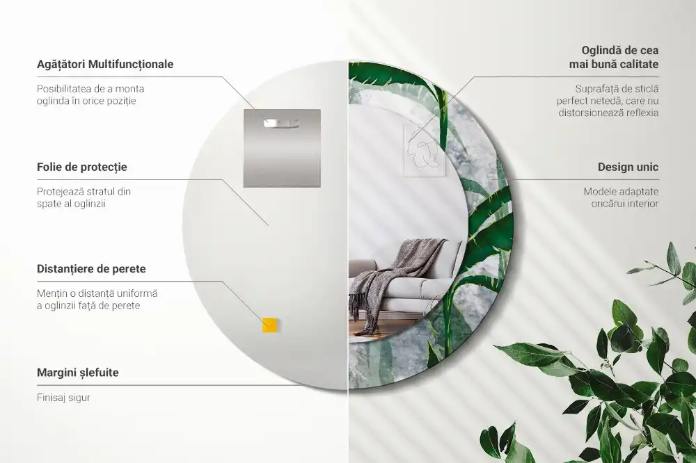 Oglindă rotundă decorativă cu model de frunze tropicale