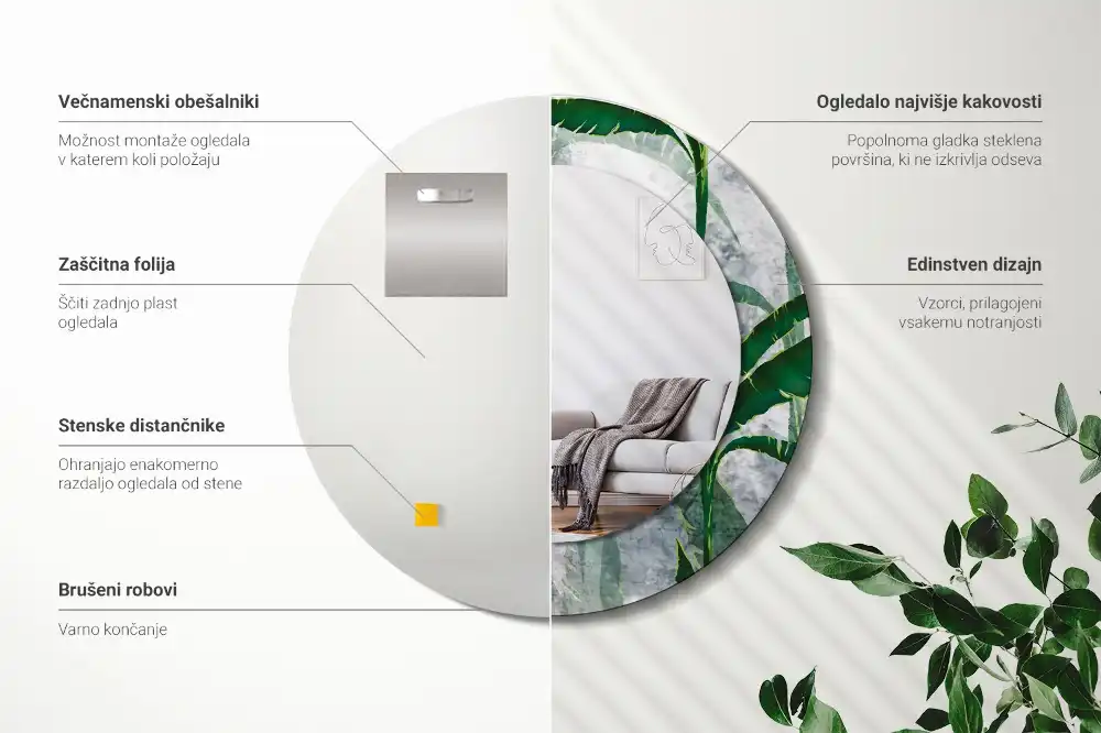 Oglindă rotundă decorativă cu model de frunze tropicale