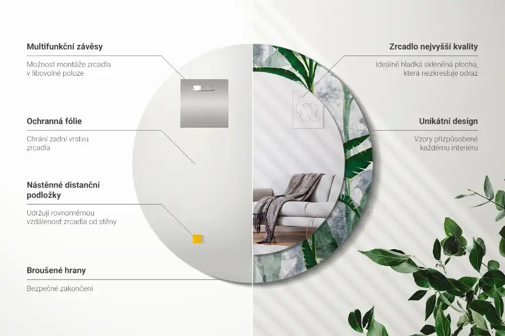 Oglindă rotundă decorativă cu model de frunze tropicale
