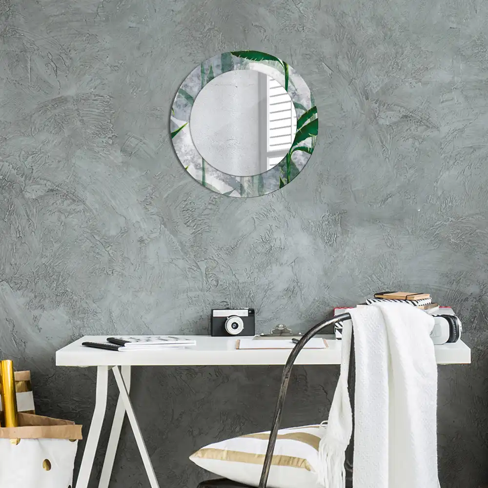 Oglindă rotundă decorativă cu model de frunze tropicale