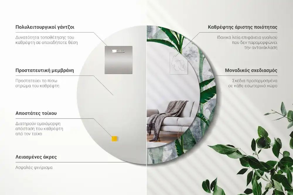 Oglindă rotundă decorativă cu model de frunze tropicale