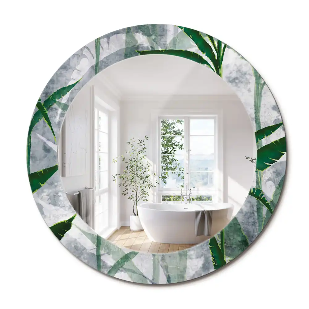 Oglindă rotundă decorativă cu model de frunze tropicale