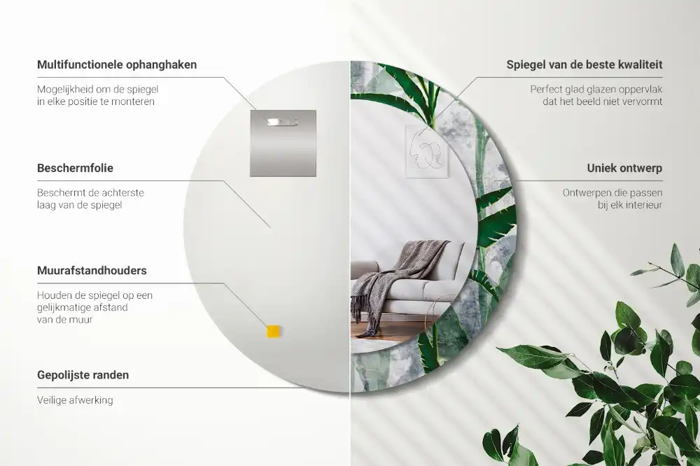Oglindă rotundă decorativă cu model de frunze tropicale