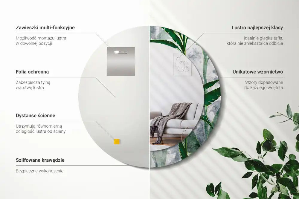 Oglindă rotundă decorativă cu model de frunze tropicale