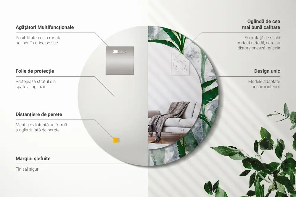 Oglindă rotundă decorativă cu model de frunze tropicale