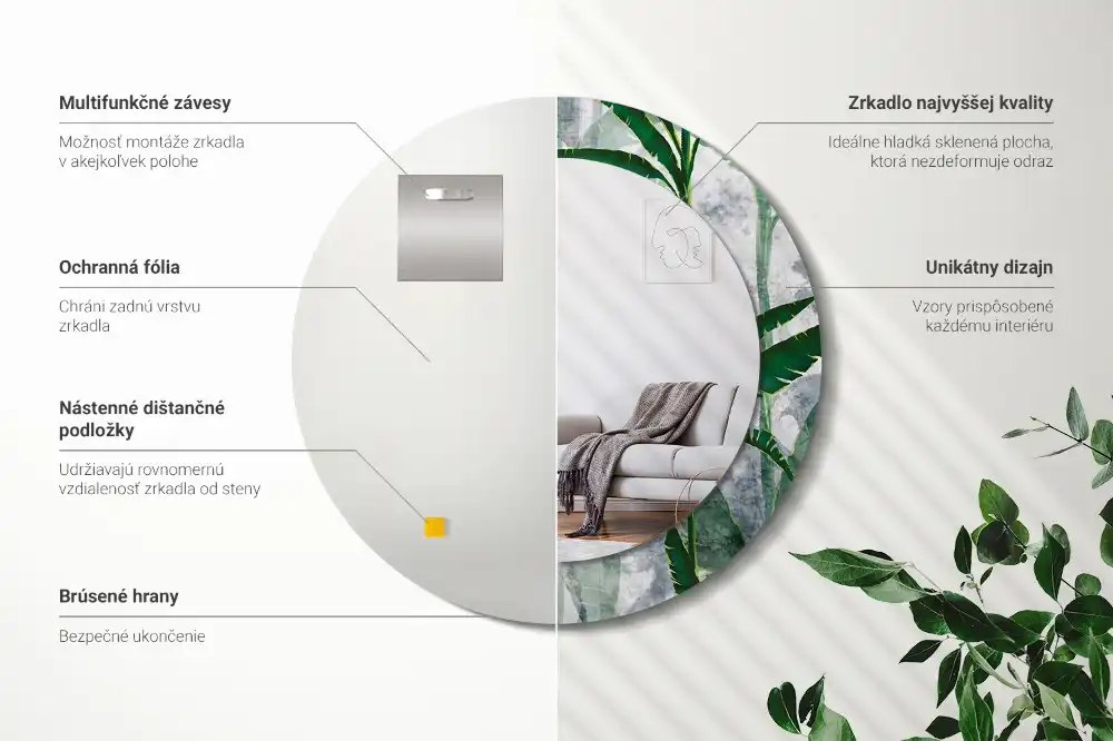 Oglindă rotundă decorativă cu model de frunze tropicale