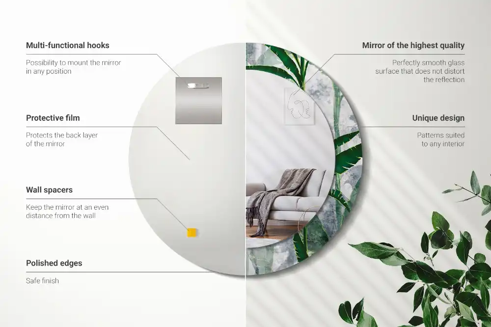 Oglindă rotundă decorativă cu model de frunze tropicale
