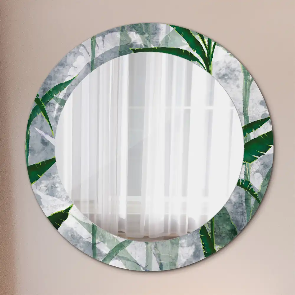 Oglindă rotundă decorativă cu model de frunze tropicale