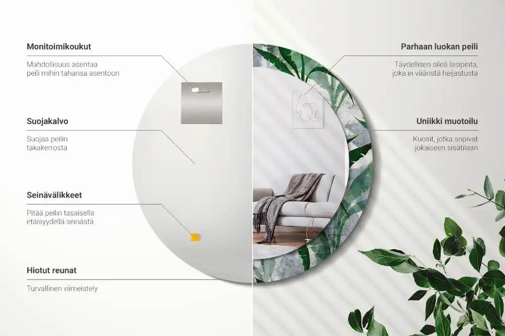 Oglindă rotundă decorativă cu model de frunze tropicale