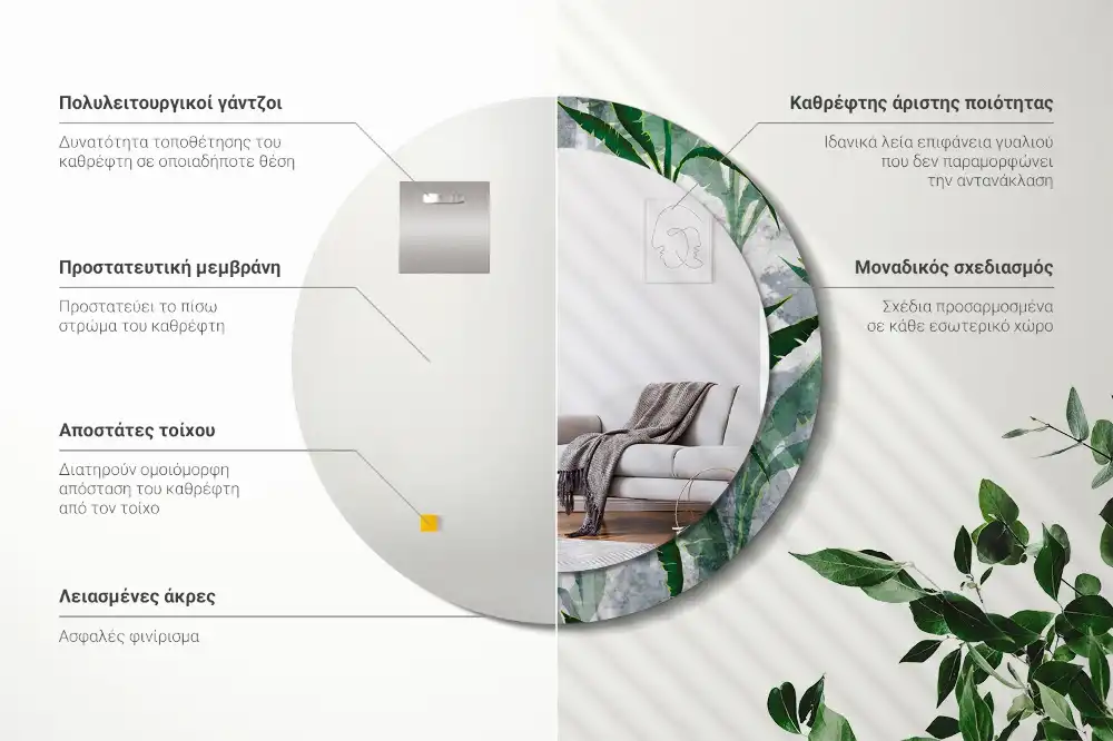 Oglindă rotundă decorativă cu model de frunze tropicale