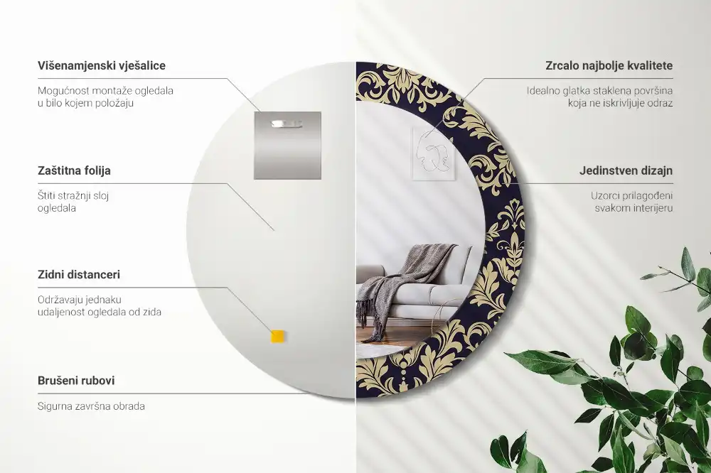Oglindă rotundă cu ramă imprimată cu model floral