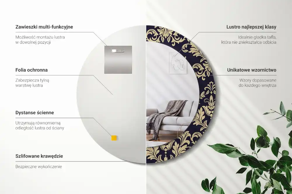 Oglindă rotundă cu ramă imprimată cu model floral