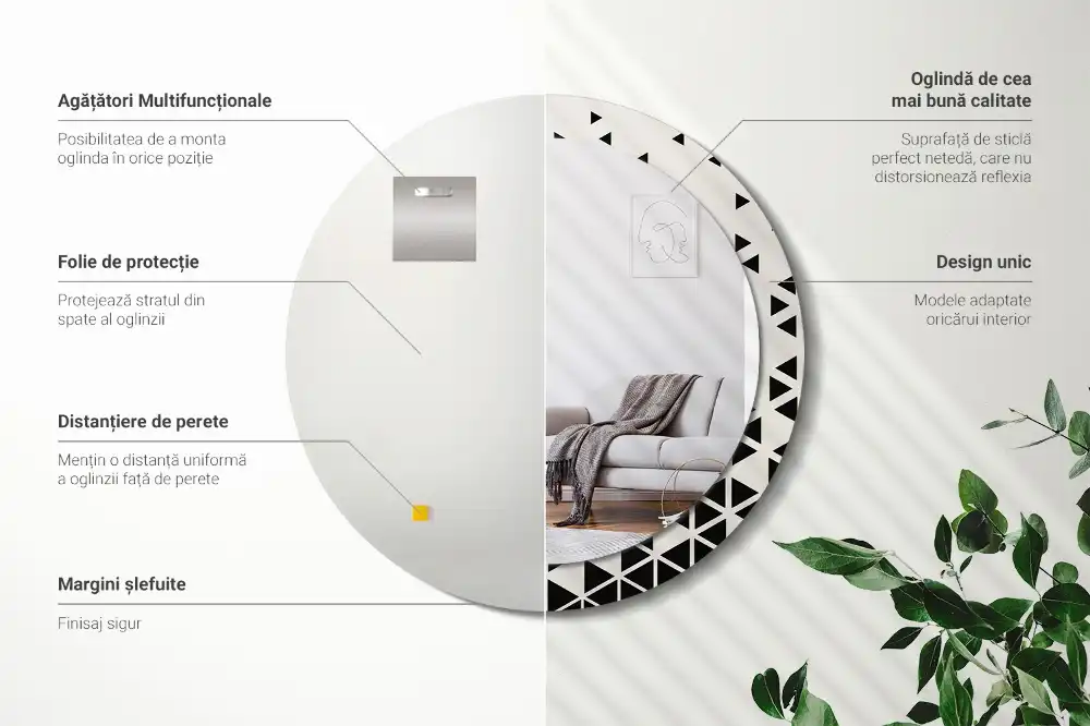 Oglindă rotundă de perete cu decor geometric abstract