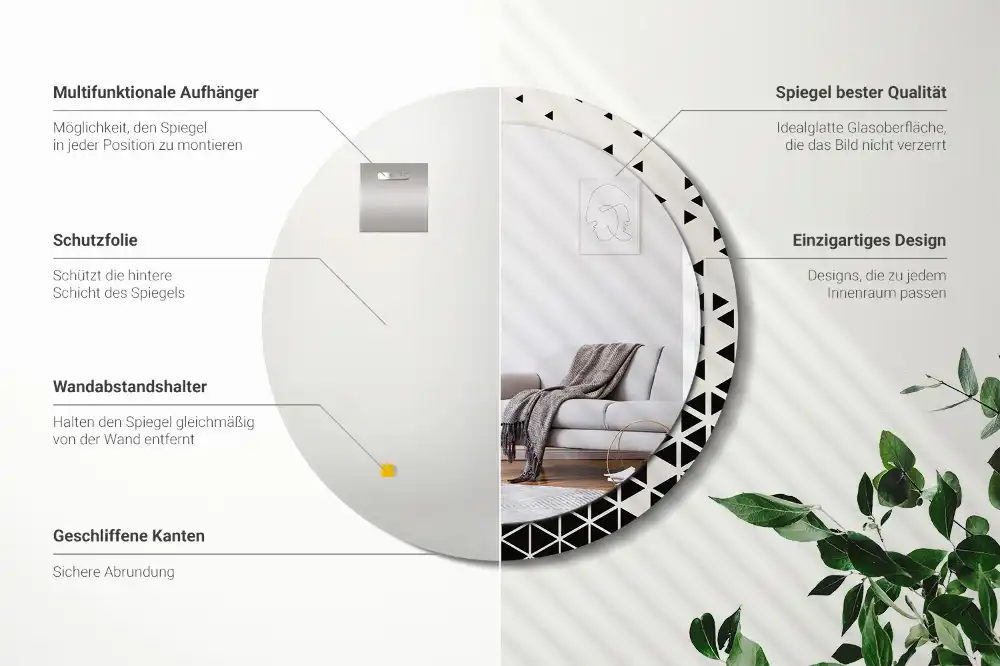 Oglindă rotundă de perete cu decor geometric abstract