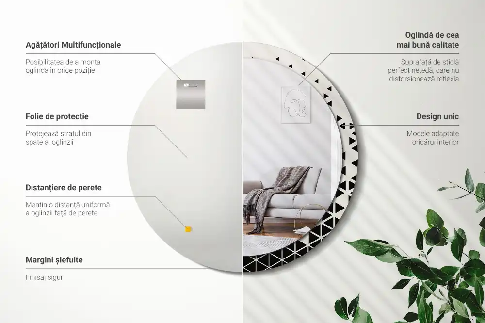 Oglindă rotundă de perete cu decor geometric abstract
