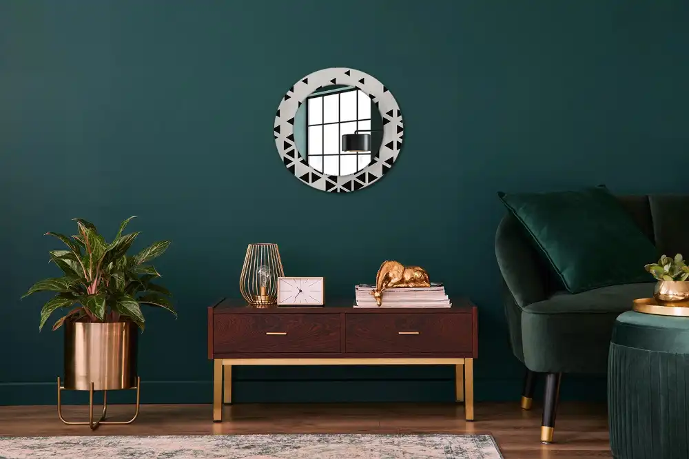 Oglindă rotundă de perete cu decor geometric abstract