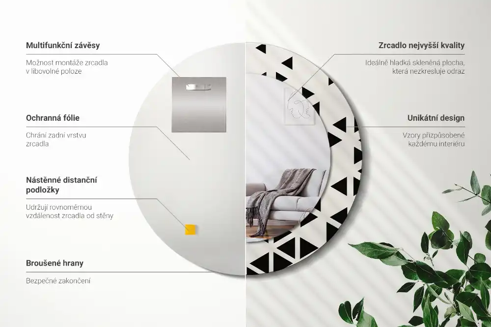 Oglindă rotundă de perete cu decor geometric abstract