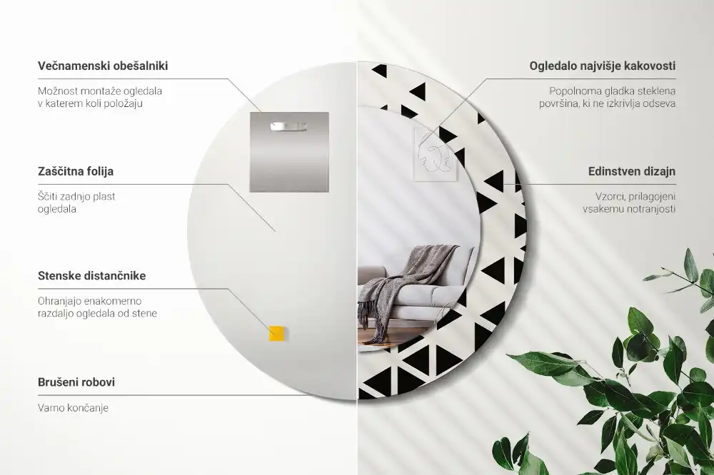 Oglindă rotundă de perete cu decor geometric abstract