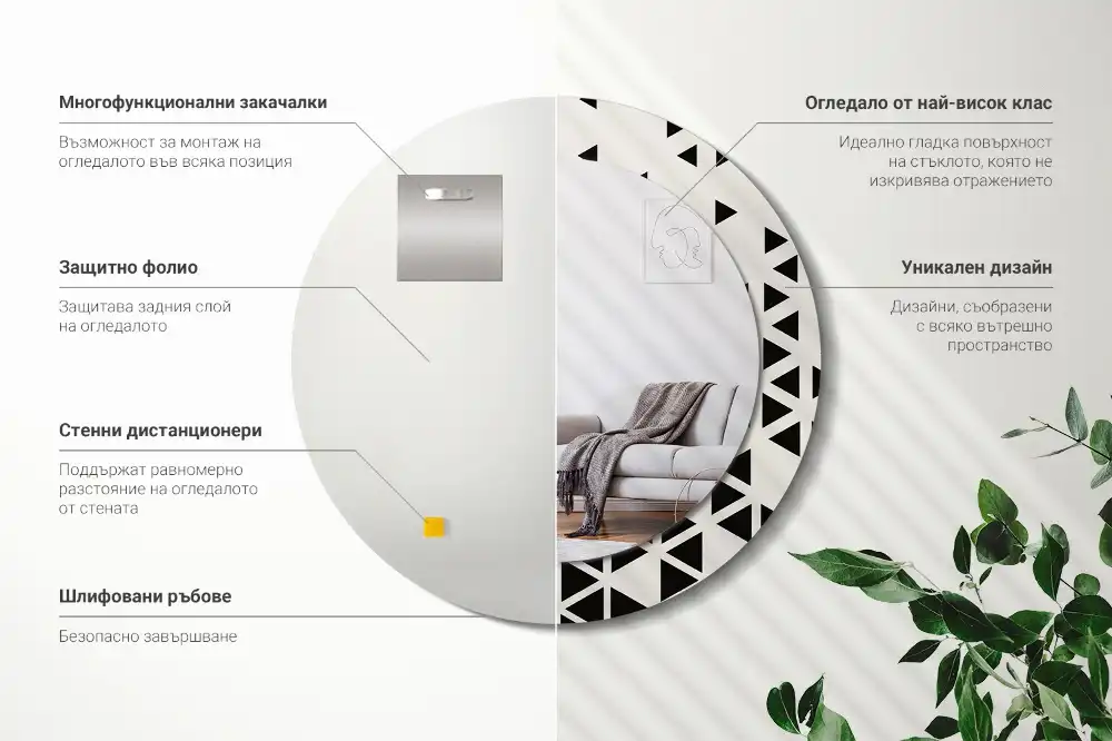 Oglindă rotundă de perete cu decor geometric abstract