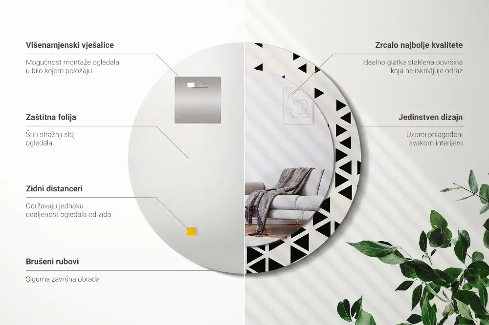 Oglindă rotundă de perete cu decor geometric abstract