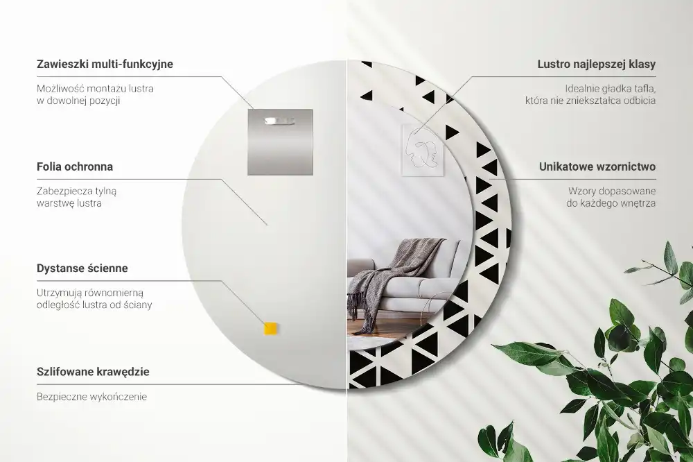 Oglindă rotundă de perete cu decor geometric abstract