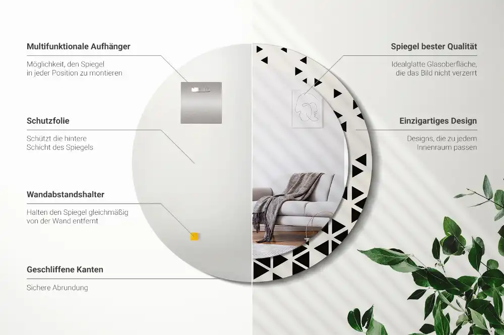 Oglindă rotundă de perete cu decor geometric abstract