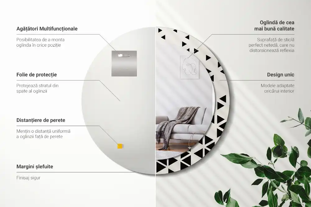 Oglindă rotundă de perete cu decor geometric abstract
