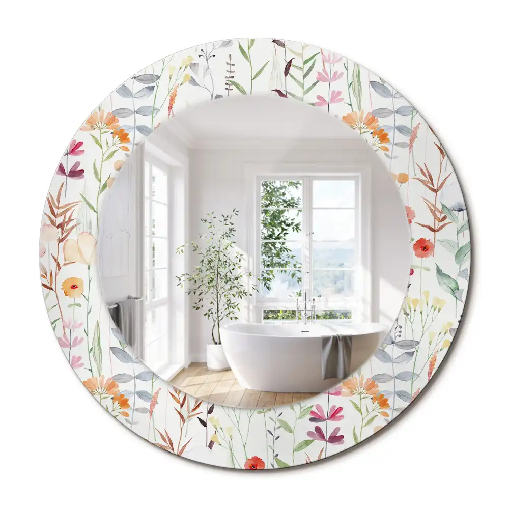 Oglindă rotundă decorativă de perete cu model de flori sălbatice