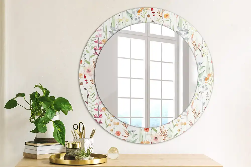 Oglindă rotundă decorativă de perete cu model de flori sălbatice