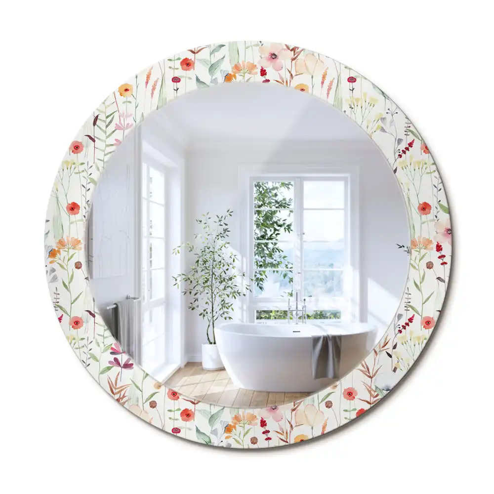 Oglindă rotundă decorativă de perete cu model de flori sălbatice