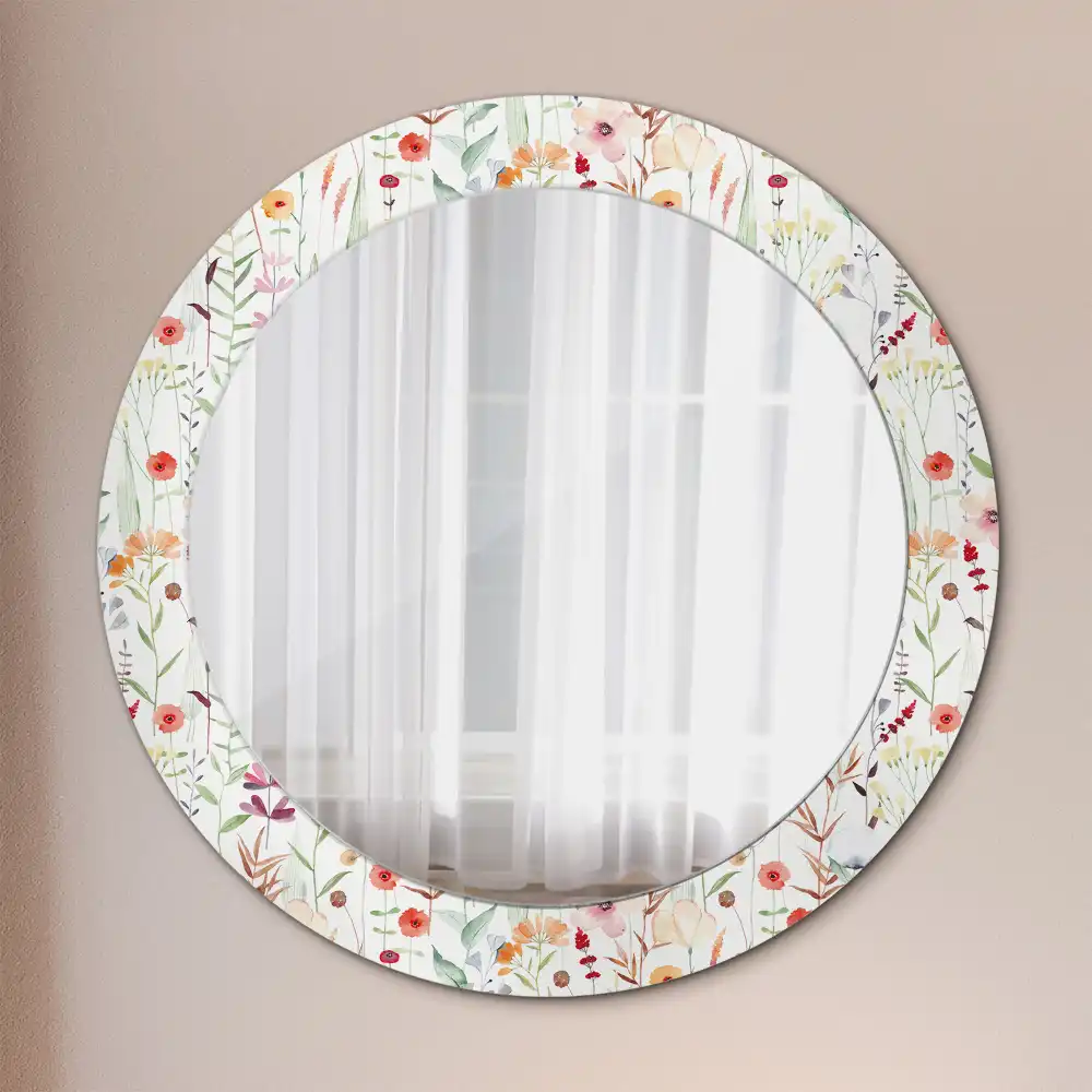 Oglindă rotundă decorativă de perete cu model de flori sălbatice