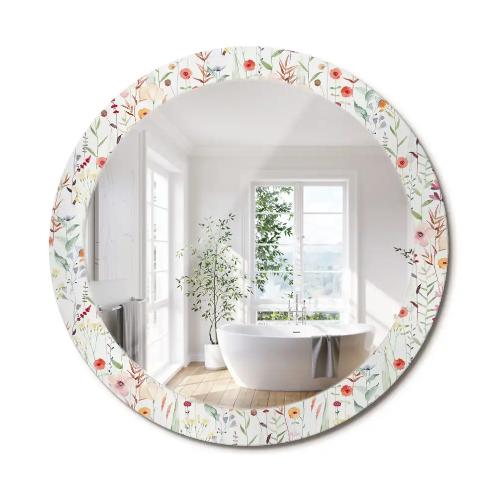 Oglindă rotundă decorativă de perete cu model de flori sălbatice