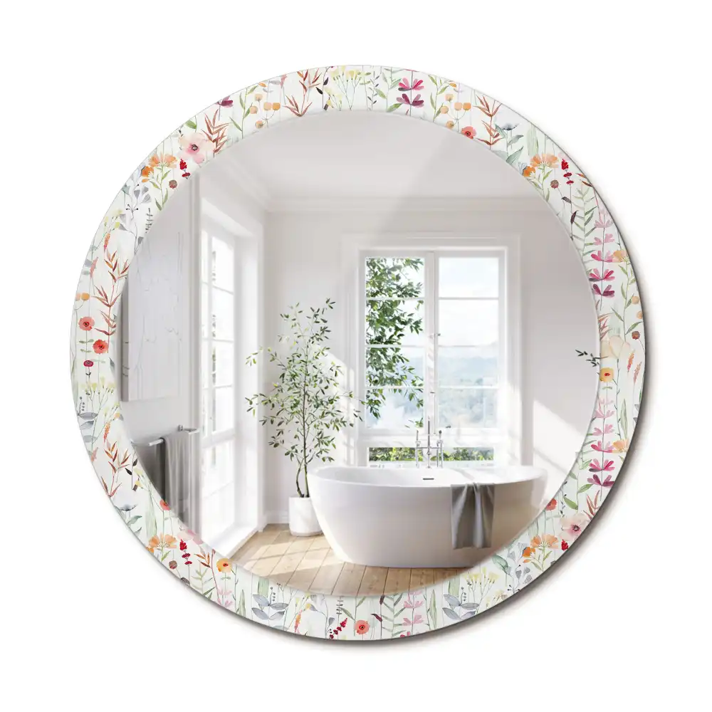Oglindă rotundă decorativă de perete cu model de flori sălbatice