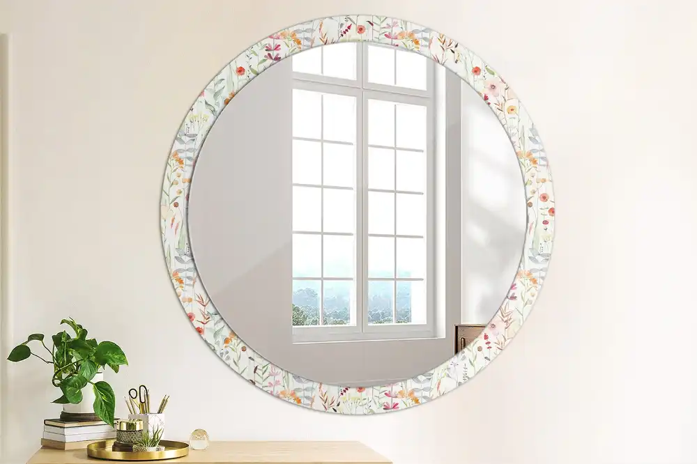 Oglindă rotundă decorativă de perete cu model de flori sălbatice