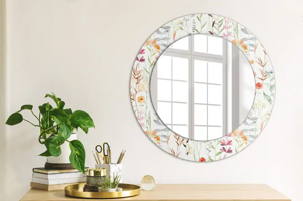Oglindă rotundă decorativă de perete cu model de flori sălbatice