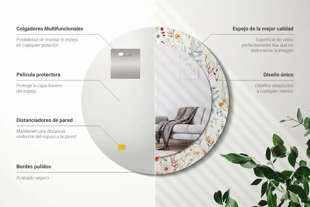 Oglindă rotundă decorativă de perete cu model de flori sălbatice