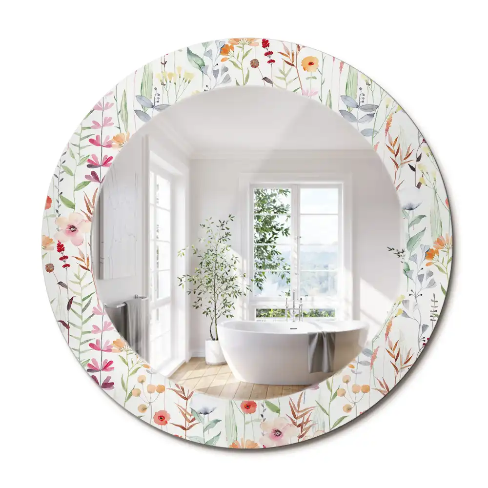 Oglindă rotundă decorativă de perete cu model de flori sălbatice