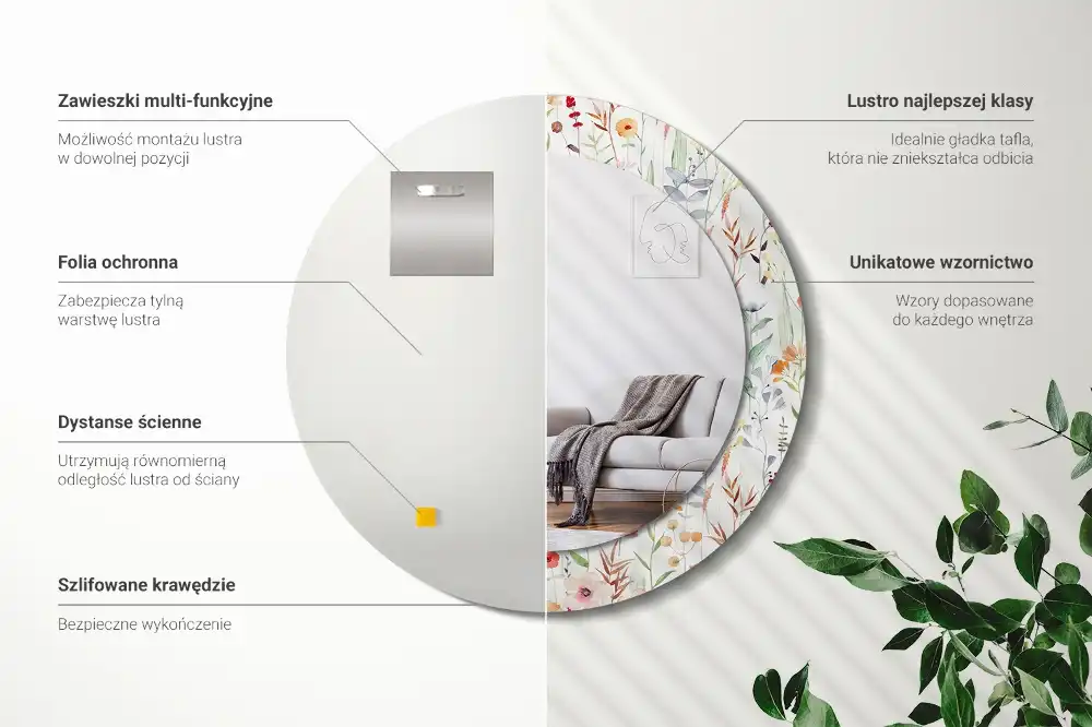 Oglindă rotundă decorativă de perete cu model de flori sălbatice
