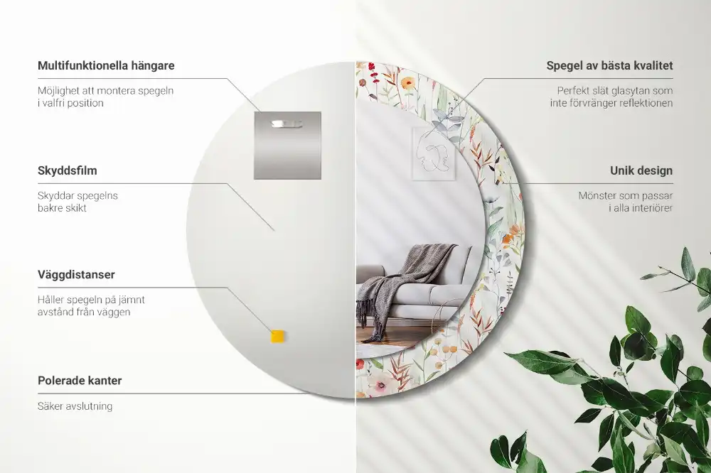 Oglindă rotundă decorativă de perete cu model de flori sălbatice