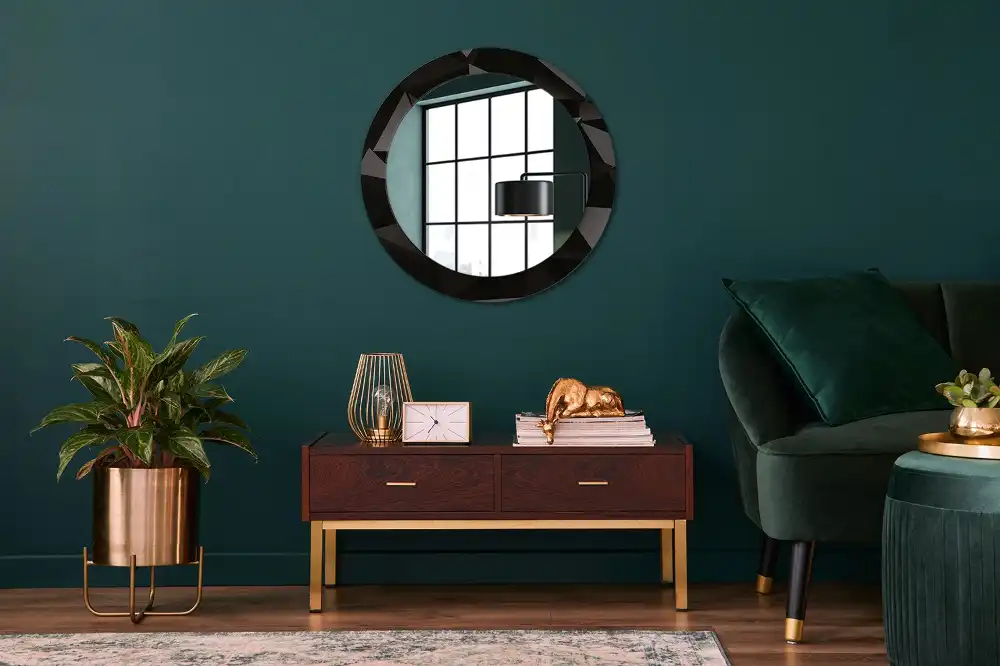 Oglindă decorativă rotundă cu ramă neagră model abstract