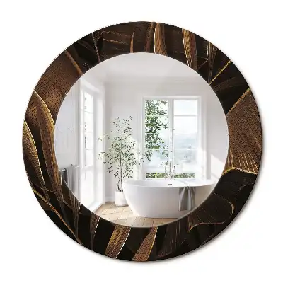 Oglindă rotundă de perete cu decor frunze de bananier maro