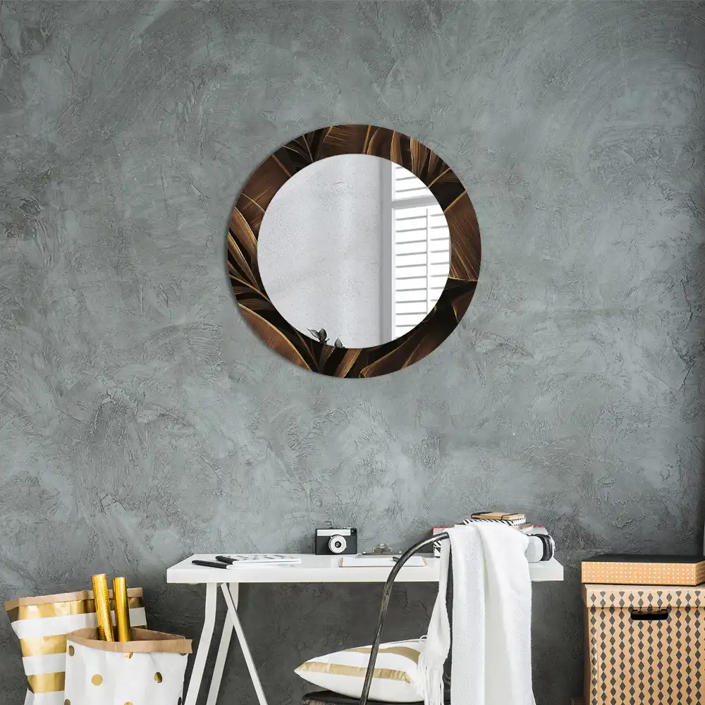 Oglindă rotundă de perete cu decor frunze de bananier maro