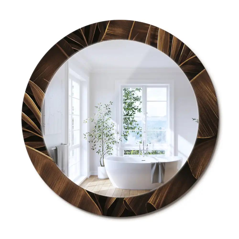 Oglindă rotundă de perete cu decor frunze de bananier maro